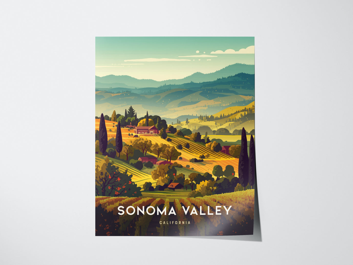 Illustrated poster of Sonoma Valley, California, depicting rolling vineyard hills with warm earth tones, lush greenery, and distant mountains under a clear sky. Text reads Sonoma Valley, California.