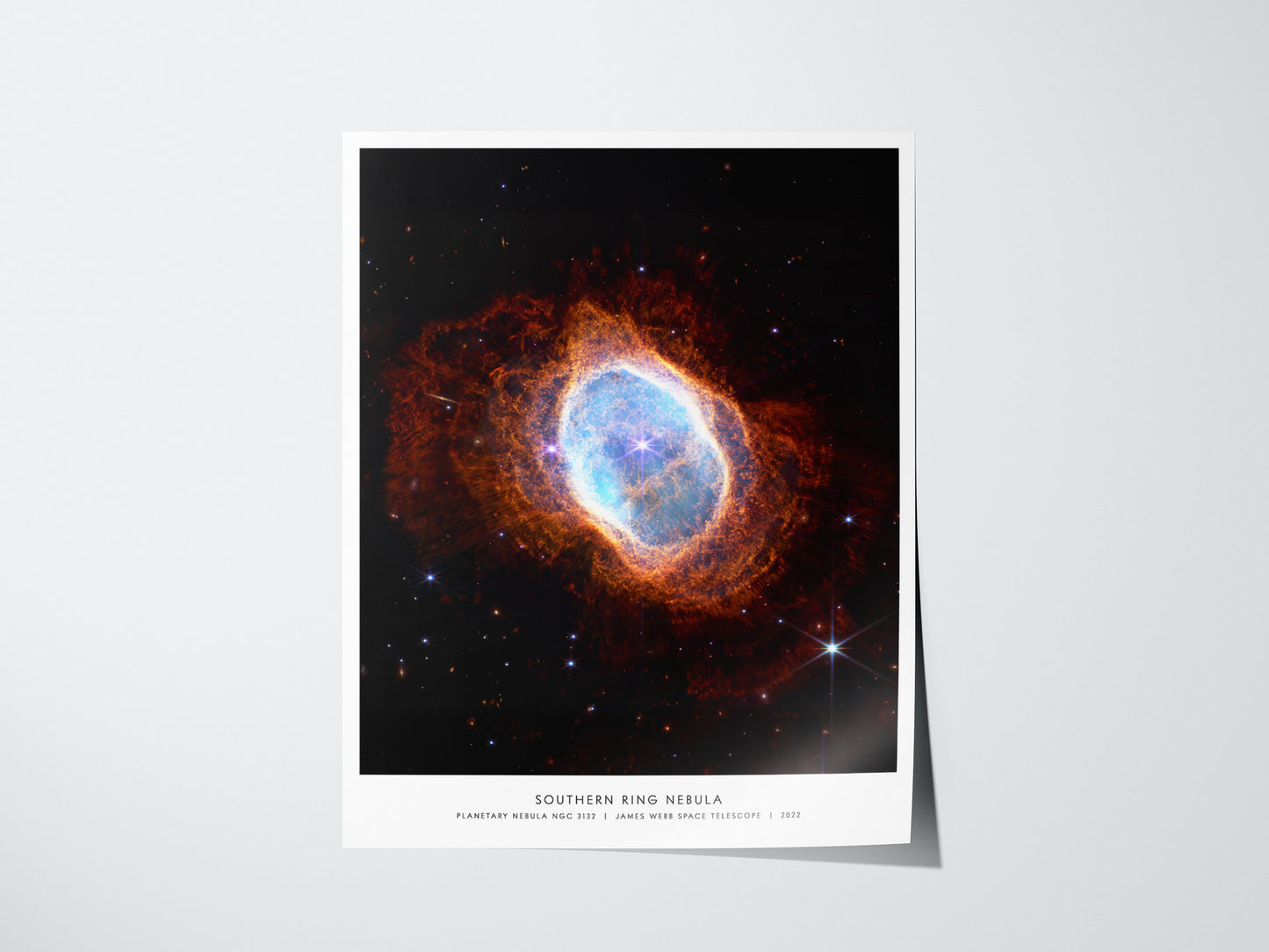 Southern Ring Nebula poster featuring James Webb Space Telescope view of planetary nebula NGC 3132