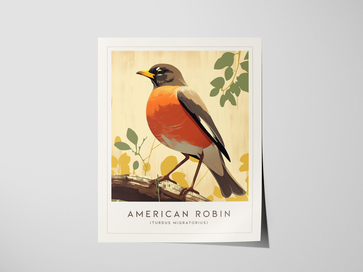 This image shows an art print of an American Robin with a red breast, perched on a branch against a soft, neutral background with foliage.