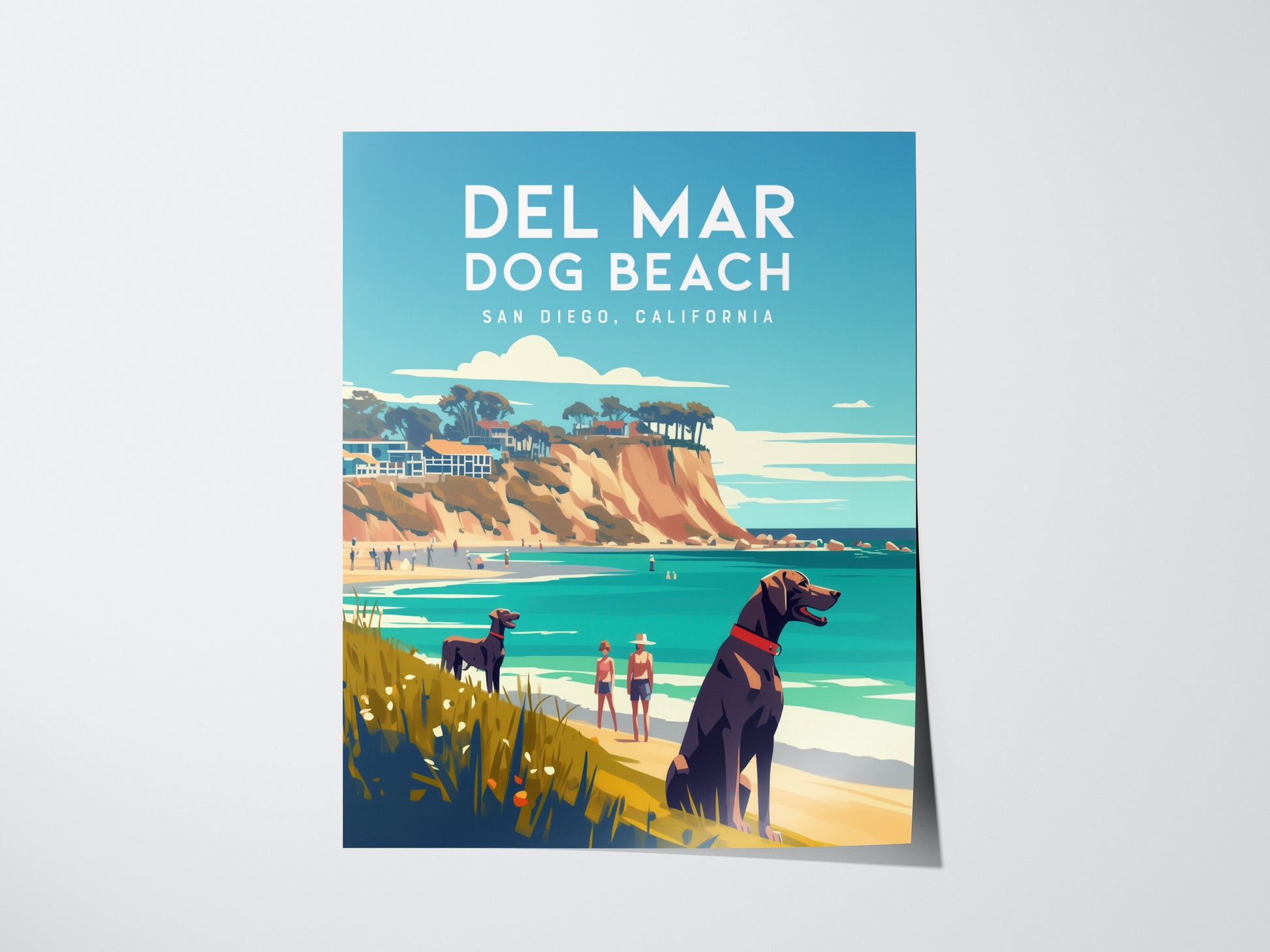 Illustrated poster of Del Mar Dog Beach in San Diego, featuring a dog and person on the sandy shore with cliffs and ocean waves in the background.