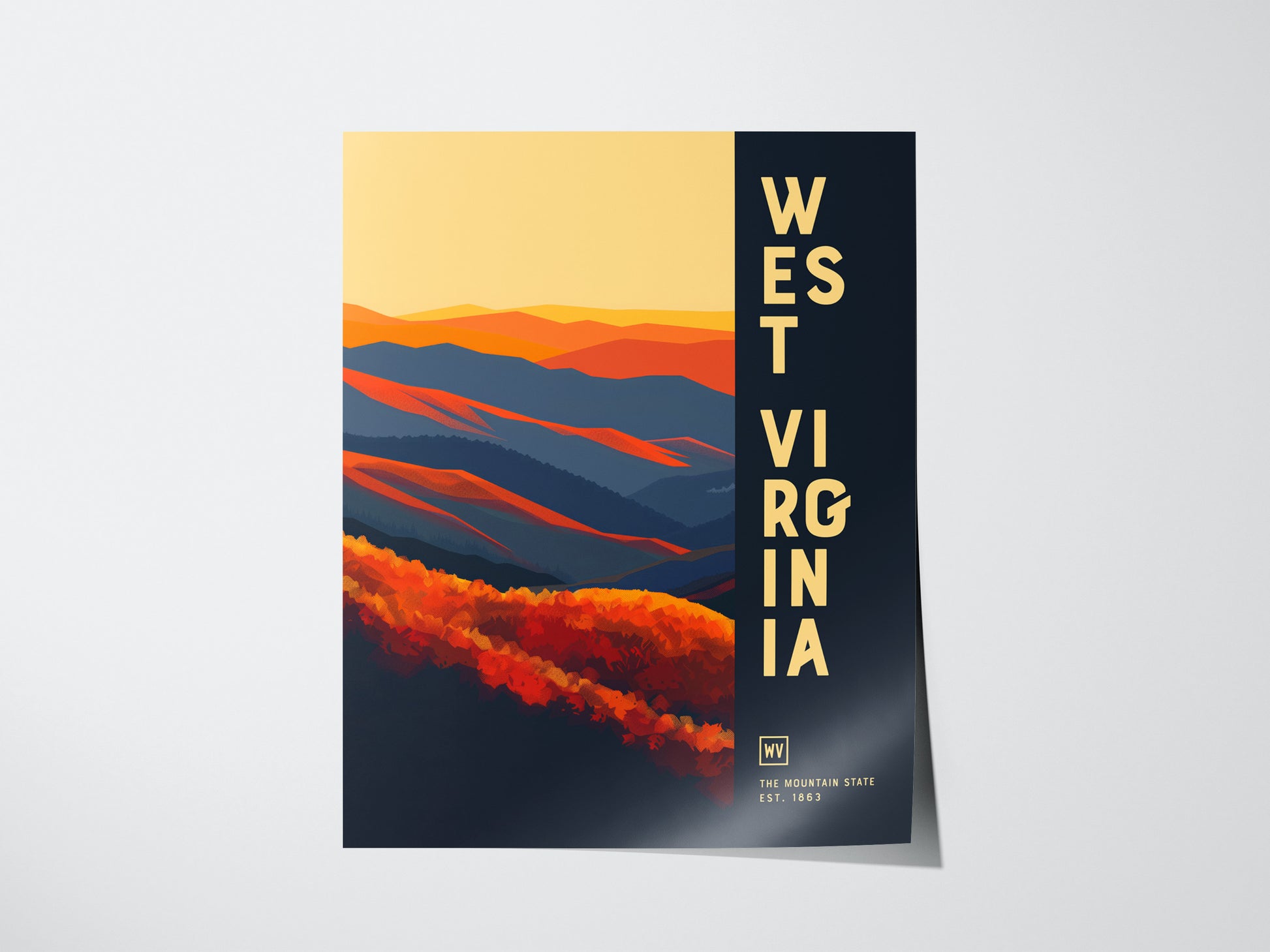 Minimalist poster of West Virginia featuring stylized mountains in shades of orange and blue, with bold text on the side. A modern depiction of the Mountain States landscape.