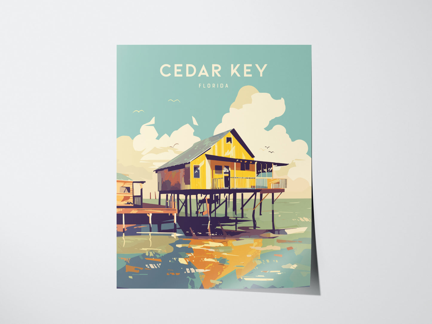 Colorful illustration of a stilt house over water with clouds and birds in the sky, titled Cedar Key Florida. The artwork captures a serene coastal scene.