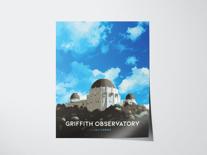 Illustrated poster of Griffith Observatory with its domes under a vibrant blue sky with fluffy clouds, set against the Hollywood Hills. Text below reads Griffith Observatory California.