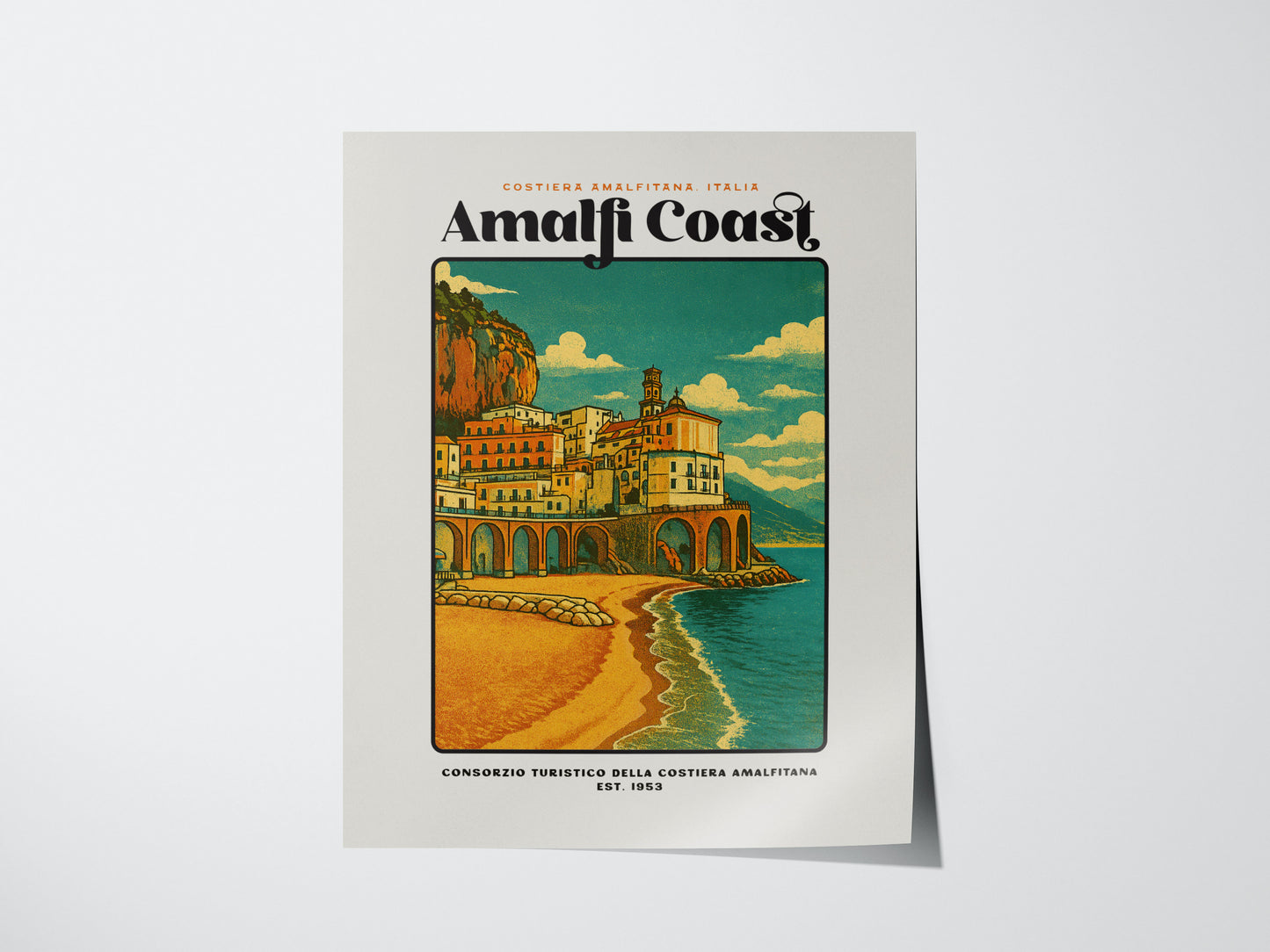 Amalfi Coast vintage travel poster featuring colorful Italian cliffside village and blue Mediterranean sea