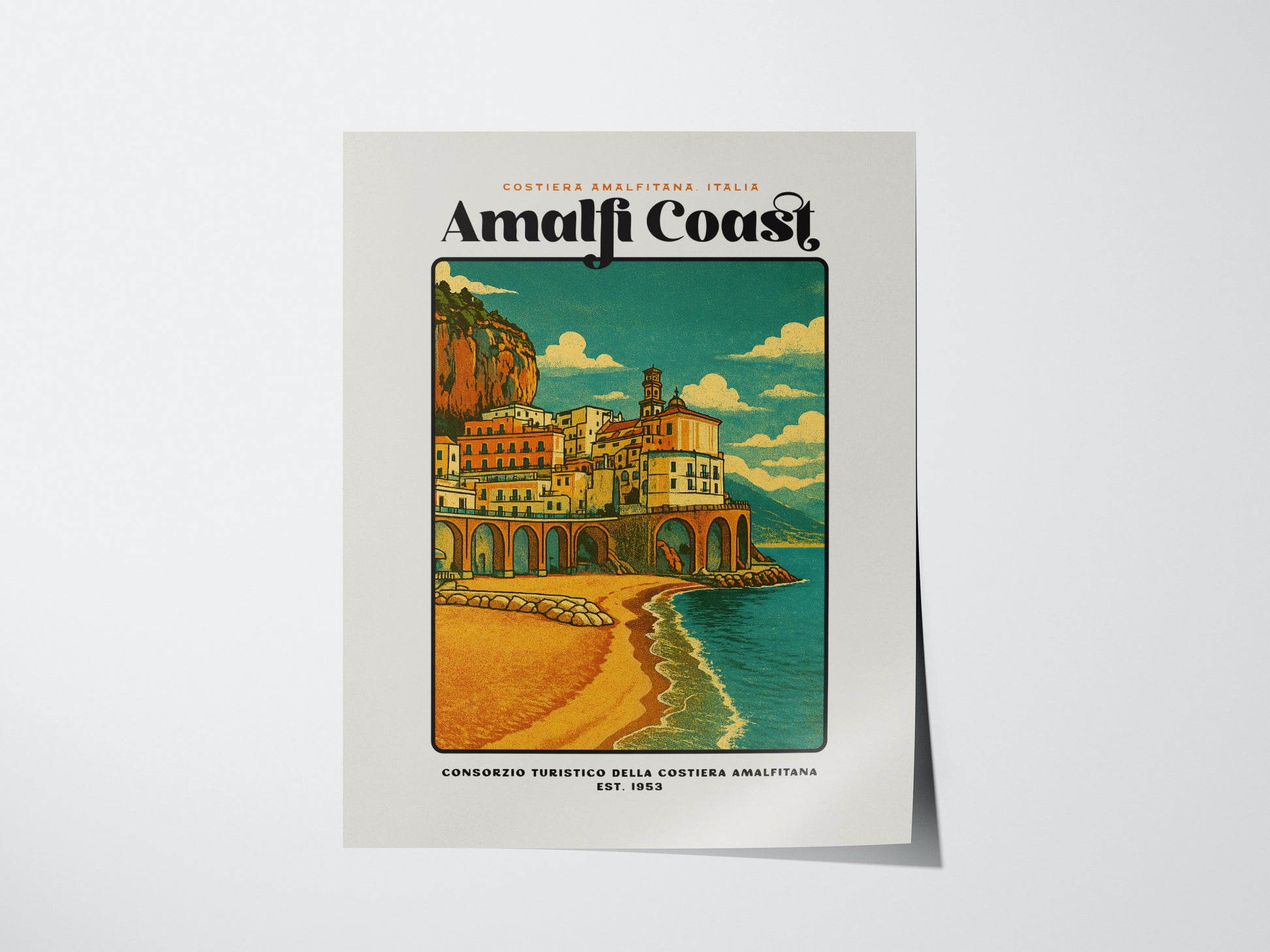 Amalfi Coast vintage travel poster featuring colorful Italian cliffside village and blue Mediterranean sea