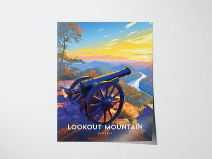 A vibrant poster of Lookout Mountain, Georgia, featuring a cannon overlooking a scenic landscape with a river and colorful sunset. The foreground includes autumn foliage.