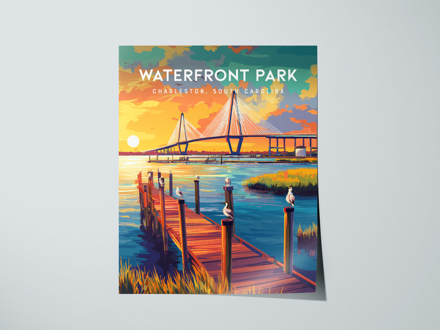 Waterfront Park, Charleston Poster | Southern Harbor Palmetto Charm Wall Art — giclée print detail on matte paper