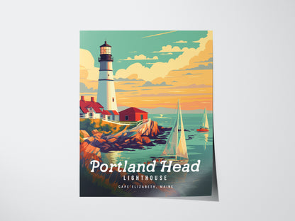 Vintage-style poster of Portland Head Lighthouse with a white tower, red-roofed buildings, and sailboats on the ocean against a colorful sunset sky. Text reads Portland Head Lighthouse, Cape Elizabeth, Maine.