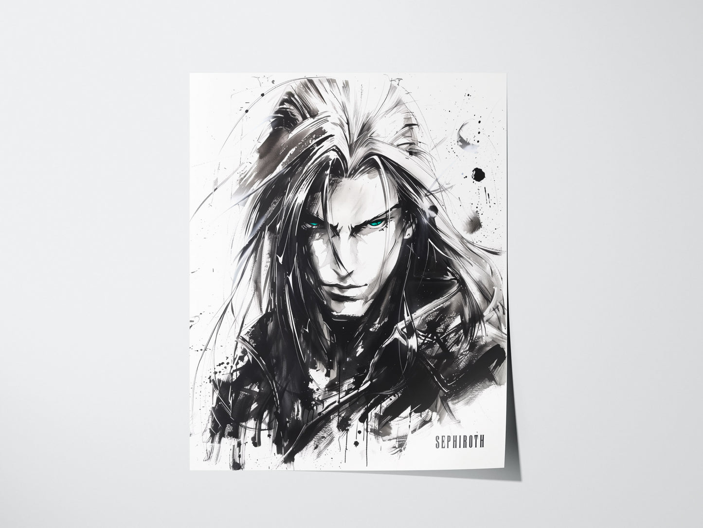 Monochrome poster depicting a character with long, flowing hair and piercing eyes, surrounded by abstract artistic elements. The name Sephiroth is printed at the bottom.