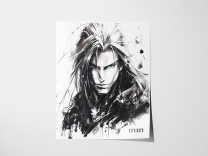 Monochrome poster depicting a character with long, flowing hair and piercing eyes, surrounded by abstract artistic elements. The name Sephiroth is printed at the bottom.