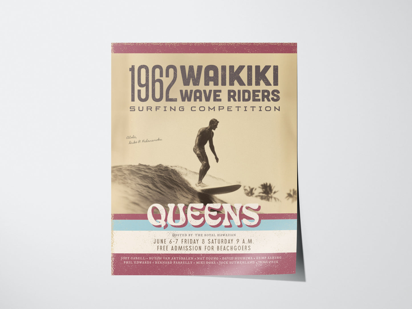Vintage 1962 poster for Waikiki Wave Riders Surfing Competition featuring a silhouetted surfer on a wave, retro typography, and aged aesthetic. Prominently displays QUEENS and event details.