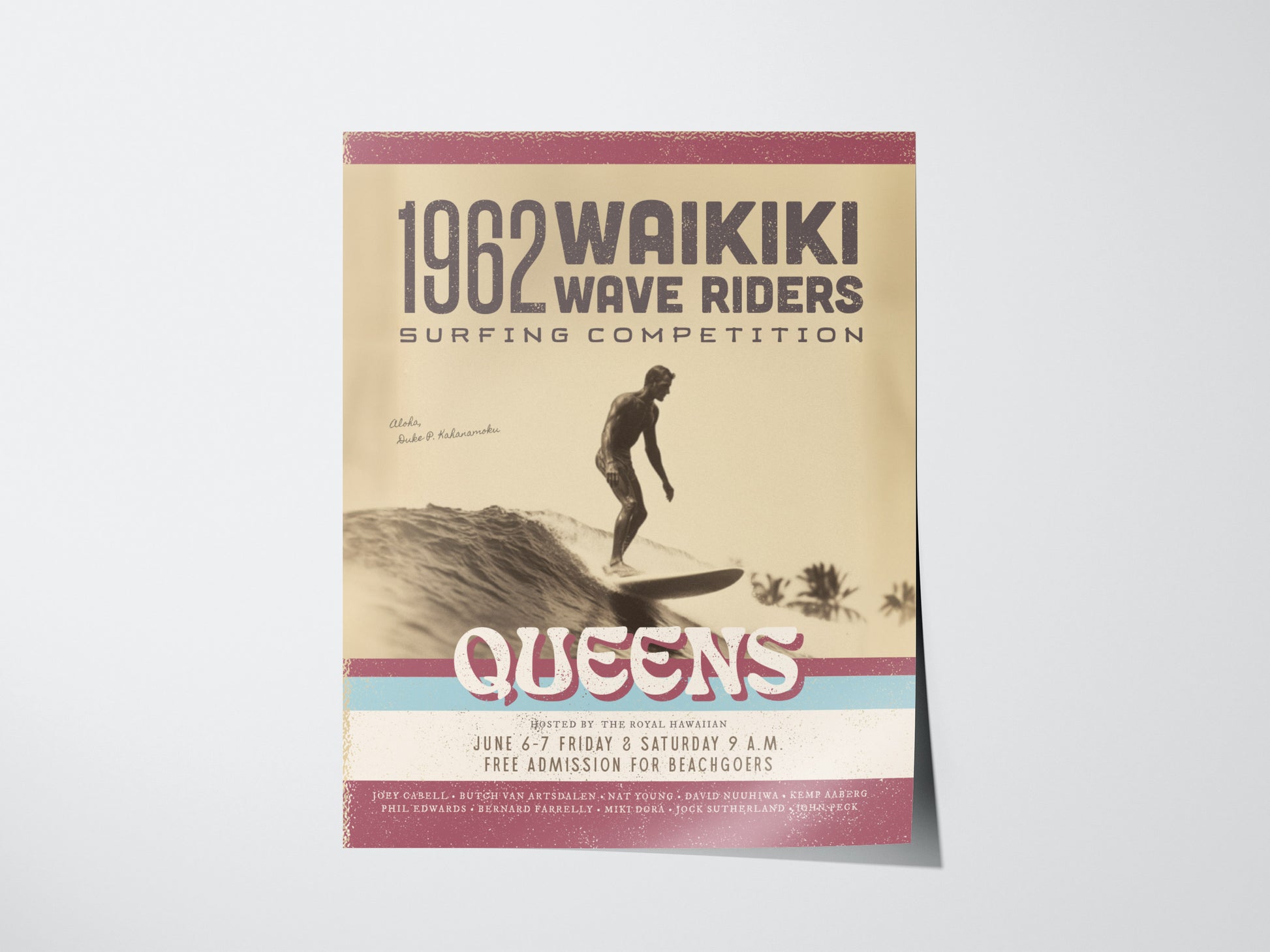 Vintage 1962 poster for Waikiki Wave Riders Surfing Competition featuring a silhouetted surfer on a wave, retro typography, and aged aesthetic. Prominently displays QUEENS and event details.