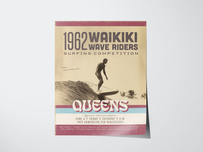 Vintage 1962 poster for Waikiki Wave Riders Surfing Competition featuring a silhouetted surfer on a wave, retro typography, and aged aesthetic. Prominently displays QUEENS and event details.