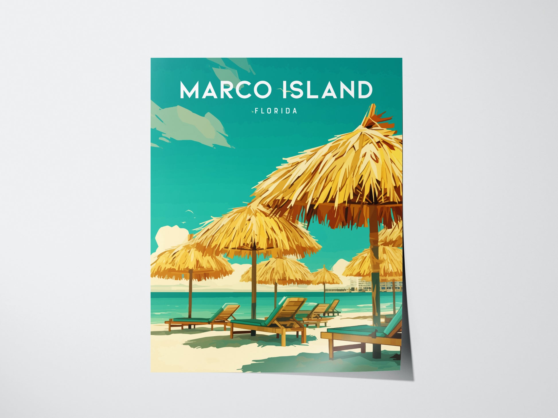 A poster features a serene beach scene with straw umbrellas and lounge chairs on white sand, set against turquoise waters and a clear sky, labeled Marco Island Florida.