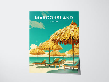 A poster features a serene beach scene with straw umbrellas and lounge chairs on white sand, set against turquoise waters and a clear sky, labeled Marco Island Florida.