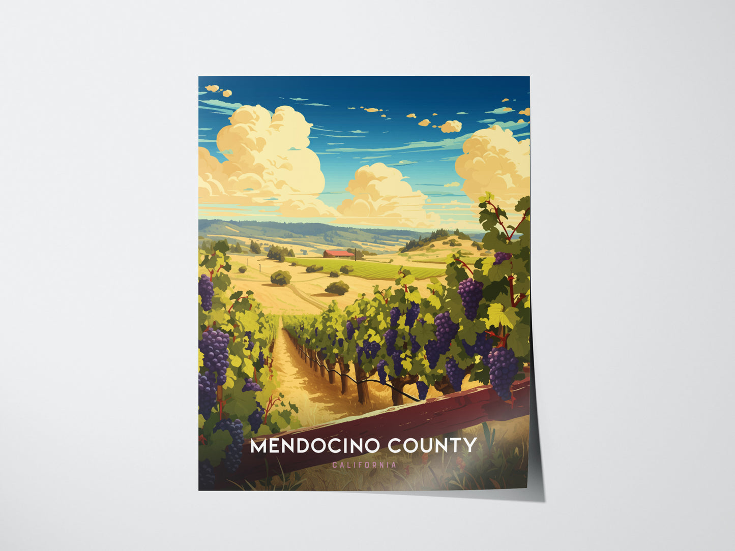 Illustrated poster of Mendocino County, depicting a vineyard with lush grapevines under a vibrant blue sky with fluffy clouds, showcasing the scenic California landscape.