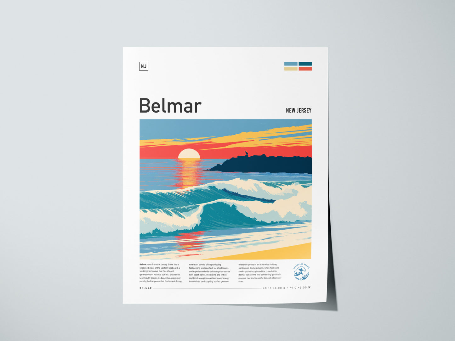 Belmar, New Jersey Poster | Surf & Boardwalk Coastal Wall Art — giclée print detail on matte paper