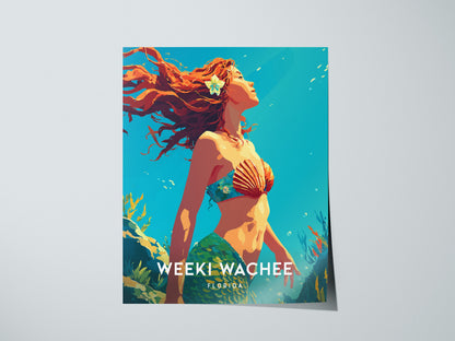 A vibrant poster featuring a mermaid with flowing red hair, adorned with a flower and a shell bikini, swimming through crystal-clear waters surrounded by colorful underwater plants.