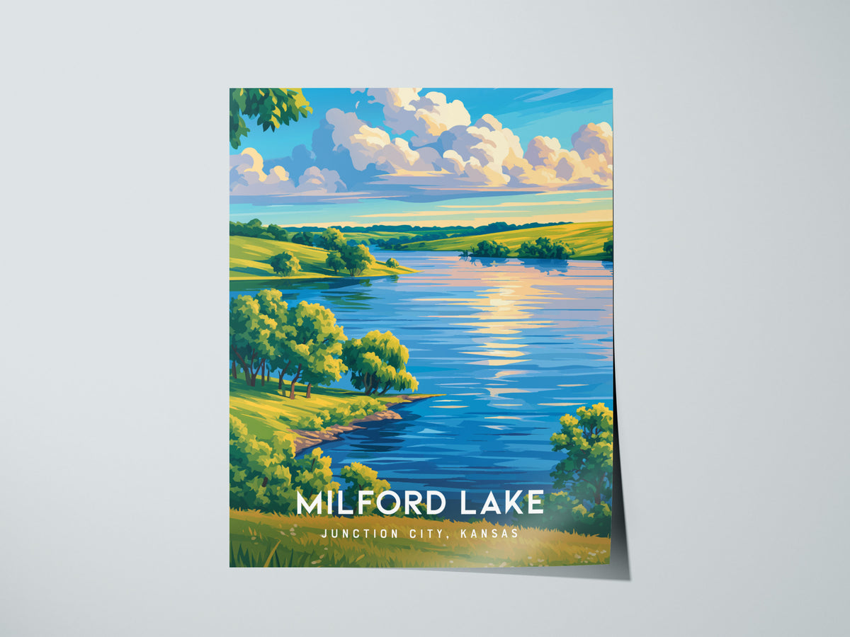 Milford Lake, Junction City, Kansas Poster | Lakeside Serenity Destination Print Wall Art — giclée print detail on matte pape
