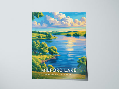 Milford Lake, Junction City, Kansas Poster | Lakeside Serenity Destination Print Wall Art — giclée print detail on matte pape