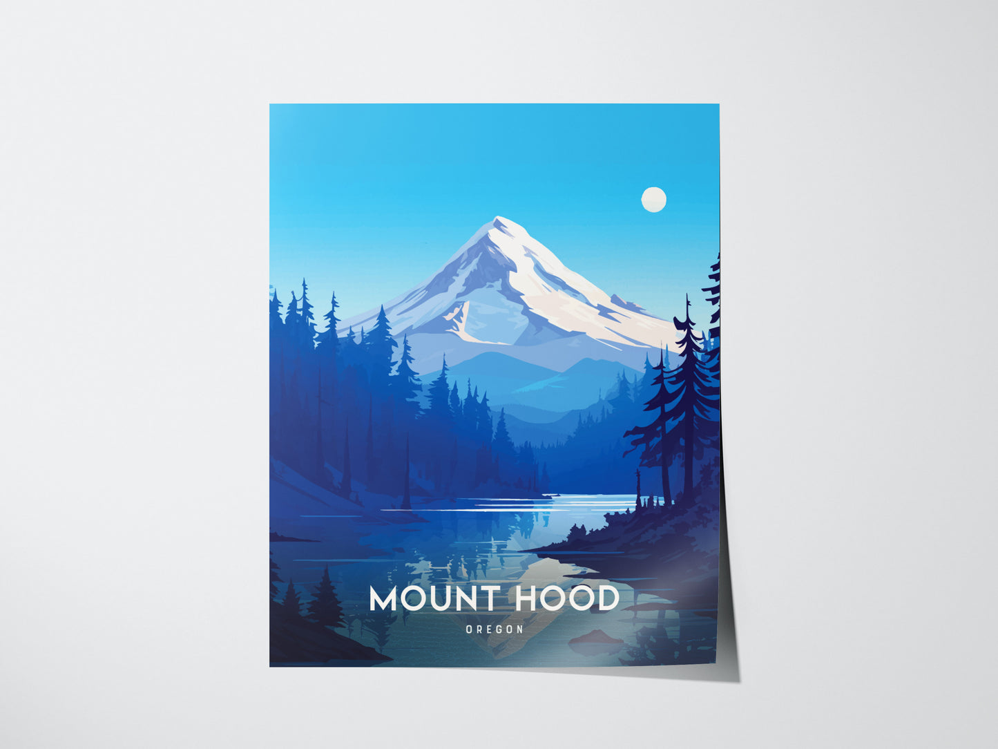 Illustrated poster of Mount Hood with a snow-capped peak, surrounded by forested foothills and a reflective lake under a clear blue sky. Text reads Mount Hood, Oregon.