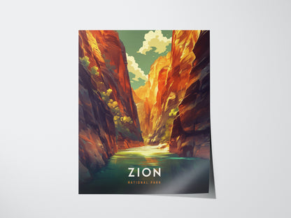 A colorful poster depicting Zion National Parks The Narrows, showcasing towering red rock cliffs and a serene river under a bright sky. The word Zion is printed at the bottom.