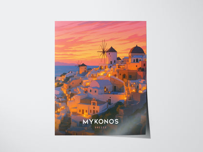 Mykonos Travel Poster | Greek Island Sunset Wall Art Print