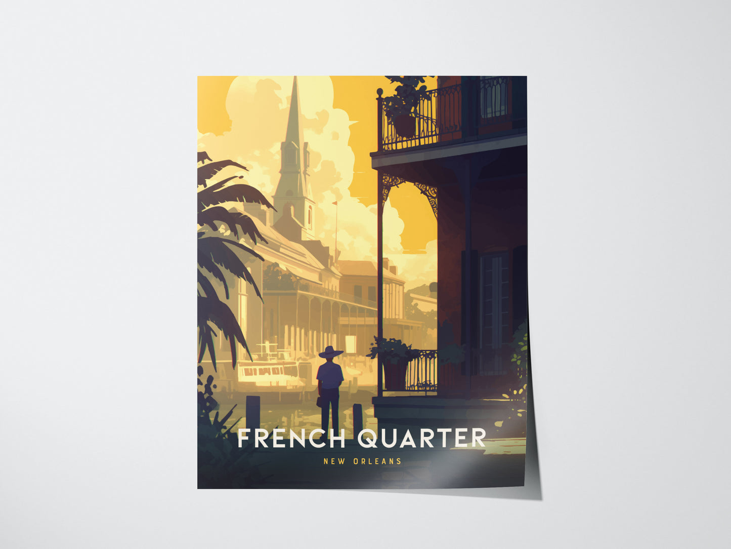 A poster of the French Quarter in New Orleans features a silhouette of a person in front of historic architecture and lush palm trees.