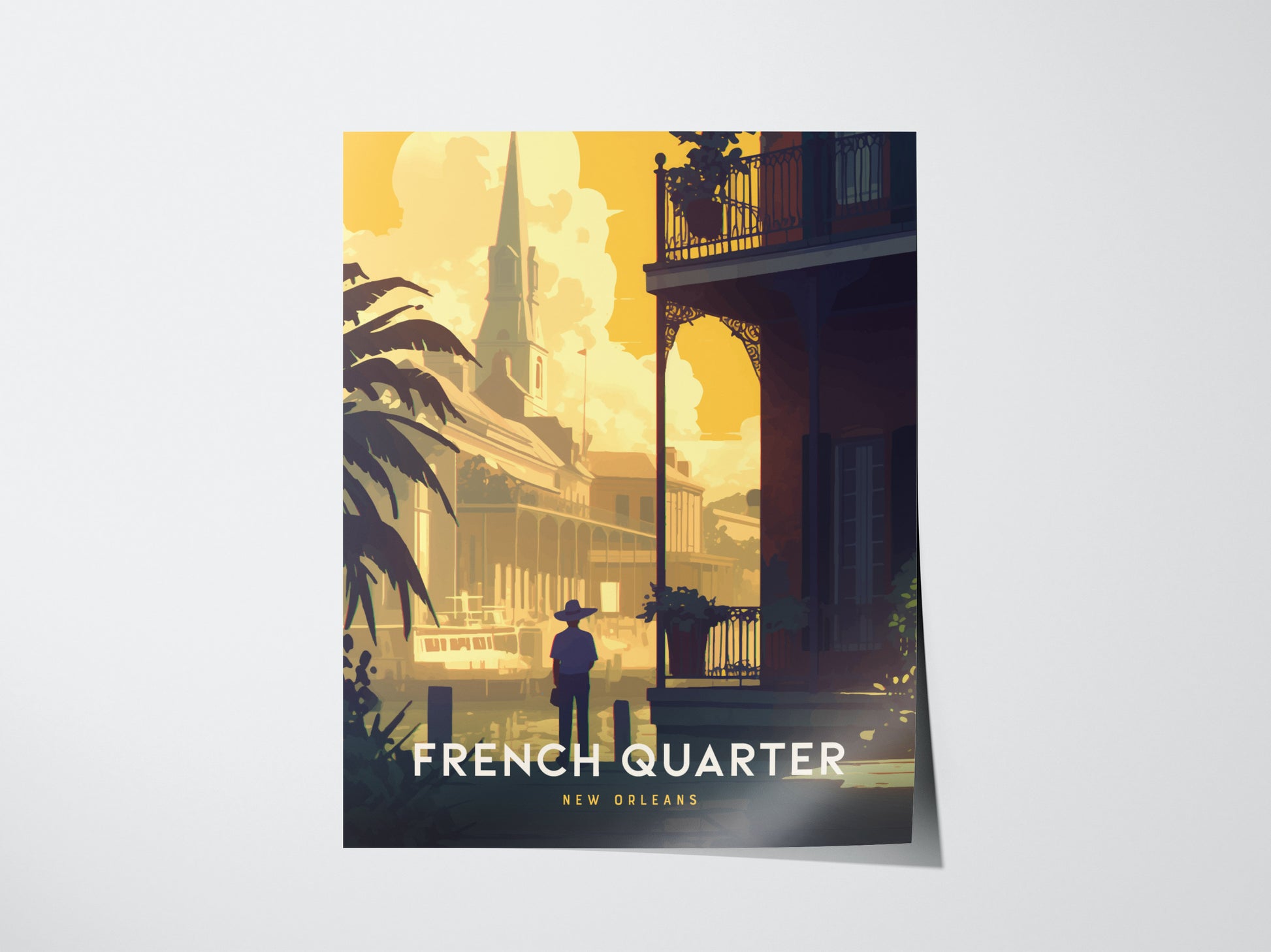 A poster of the French Quarter in New Orleans features a silhouette of a person in front of historic architecture and lush palm trees.