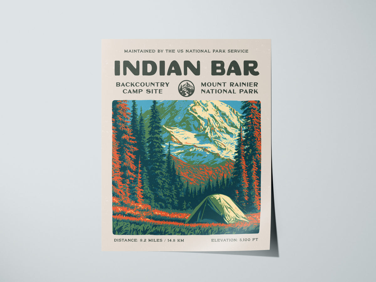 Indian Bar, Mount Rainier National Park Poster | Hiker Gift | Backcountry Trail Wall Art — giclée print detail on matte paper