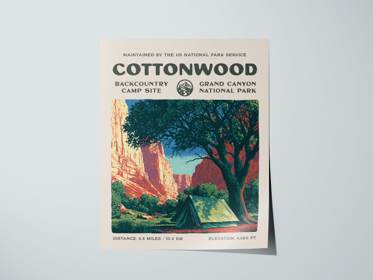 Cottonwood Camp, Grand Canyon National Park Poster | Camper Gift | Backcountry Canyon Trail Wall Art — giclée print detail on