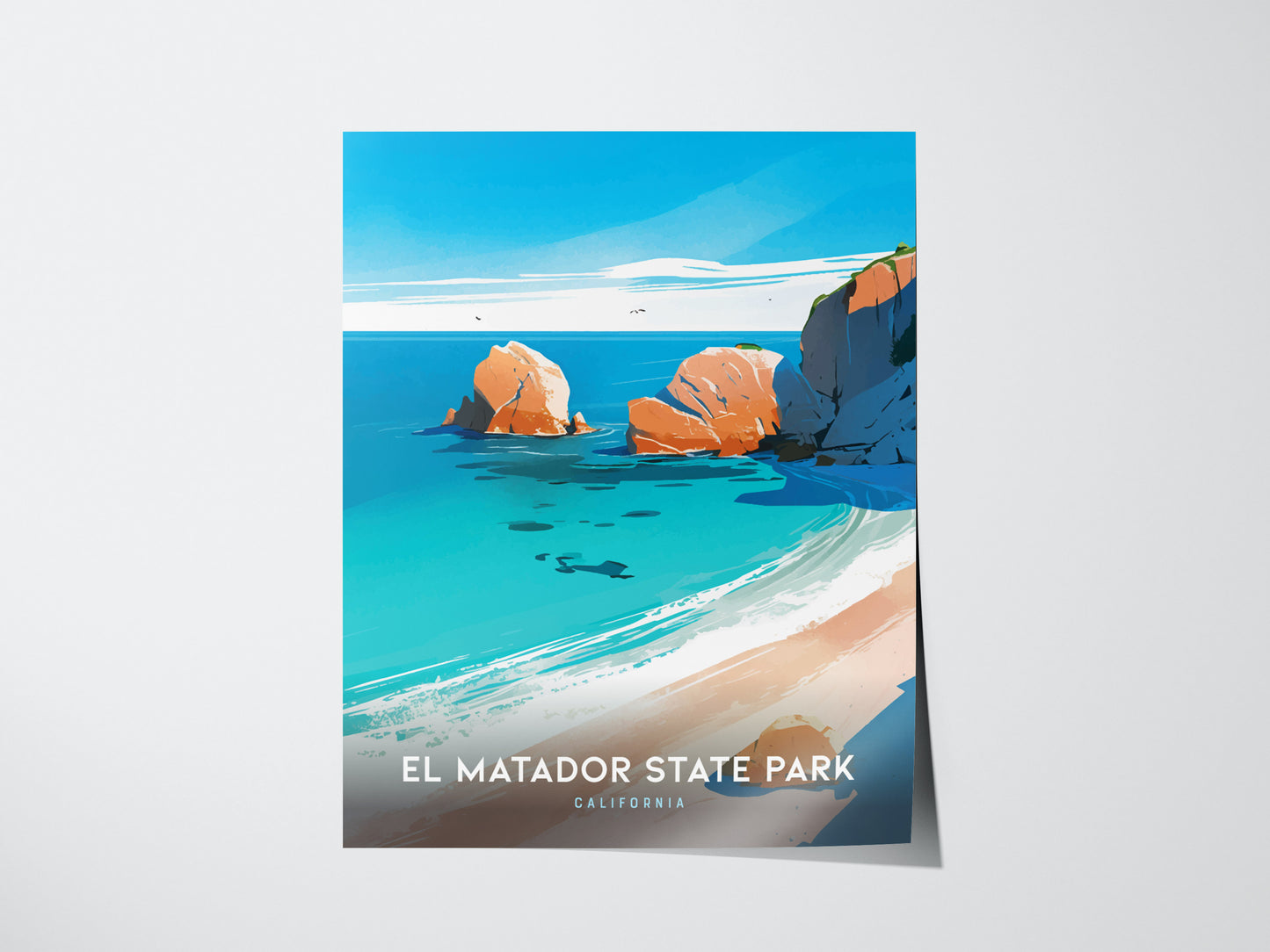 Illustrated poster of El Matador State Park featuring vibrant blue ocean, rocky cliffs, and sandy beach under a clear sky, with text reading El Matador State Park, California.