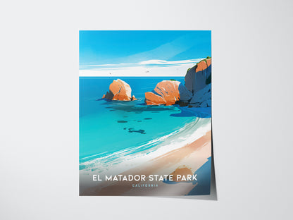 Illustrated poster of El Matador State Park featuring vibrant blue ocean, rocky cliffs, and sandy beach under a clear sky, with text reading El Matador State Park, California.
