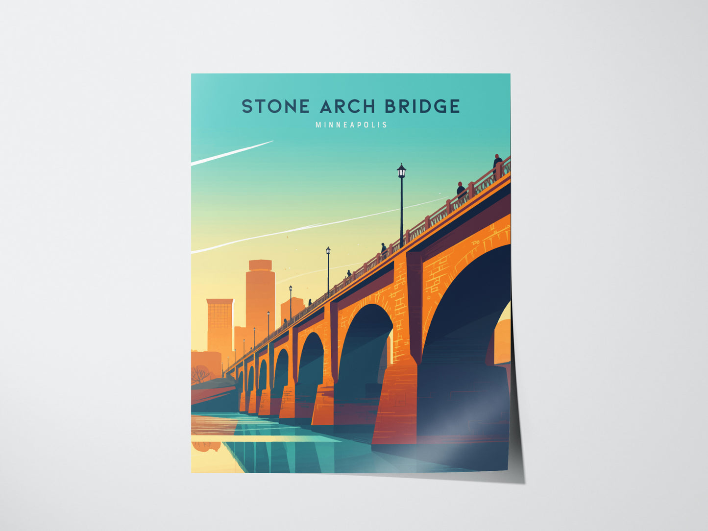 A poster of the Stone Arch Bridge in Minneapolis depicts the bridge spanning over water, with the city skyline in the background under a vibrant sky.