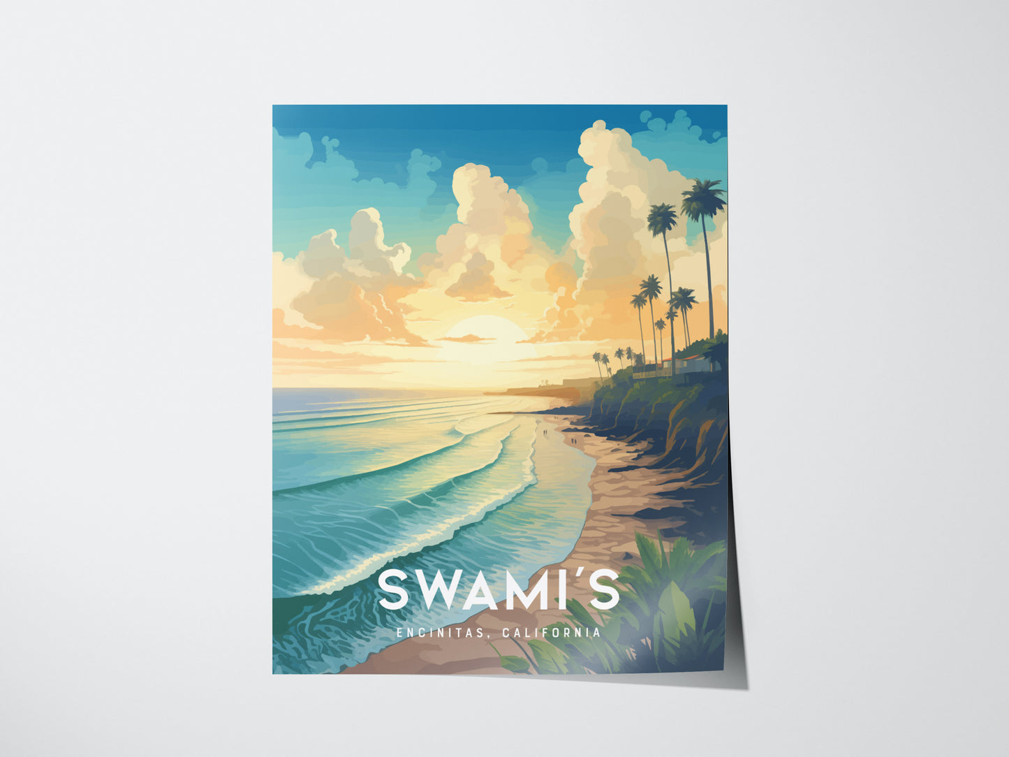 A vibrant poster depicts a California beach scene with rolling waves, palm trees, and a colorful sunset sky. The word SWAMIS is prominently displayed at the bottom.