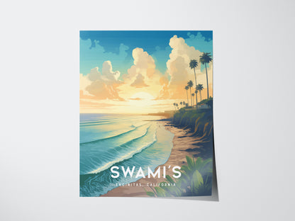 A vibrant poster depicts a California beach scene with rolling waves, palm trees, and a colorful sunset sky. The word SWAMIS is prominently displayed at the bottom.