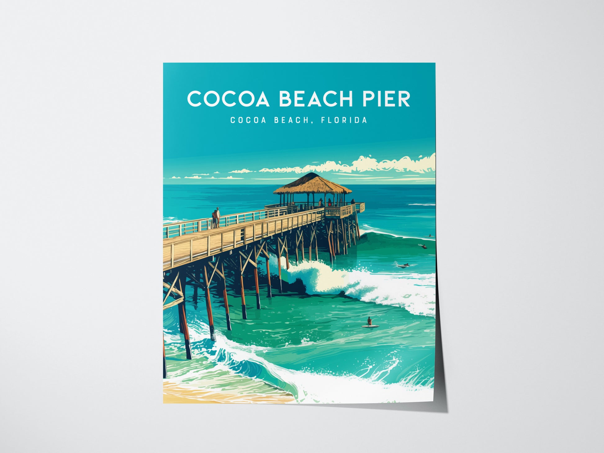 Illustrated poster of Cocoa Beach Pier in Florida, showing the pier extending over turquoise waves with surfers below and a thatched-roof pavilion above under a clear sky.