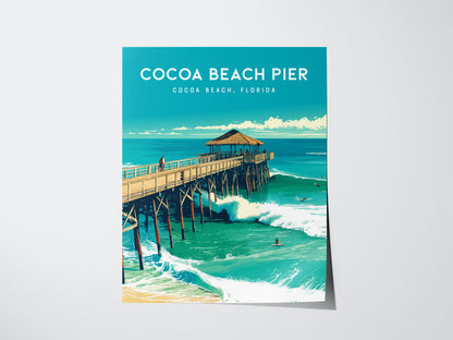 Illustrated poster of Cocoa Beach Pier in Florida, showing the pier extending over turquoise waves with surfers below and a thatched-roof pavilion above under a clear sky.
