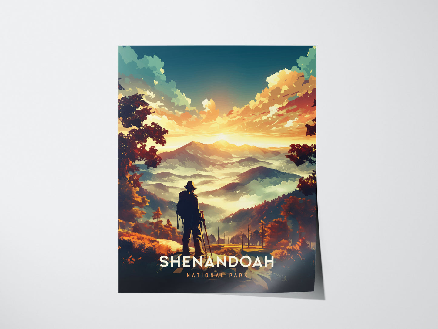 A poster of Shenandoah National Park features a person with a backpack overlooking misty mountains at sunset, surrounded by vibrant autumn foliage. Bold text reads Shenandoah National Park.