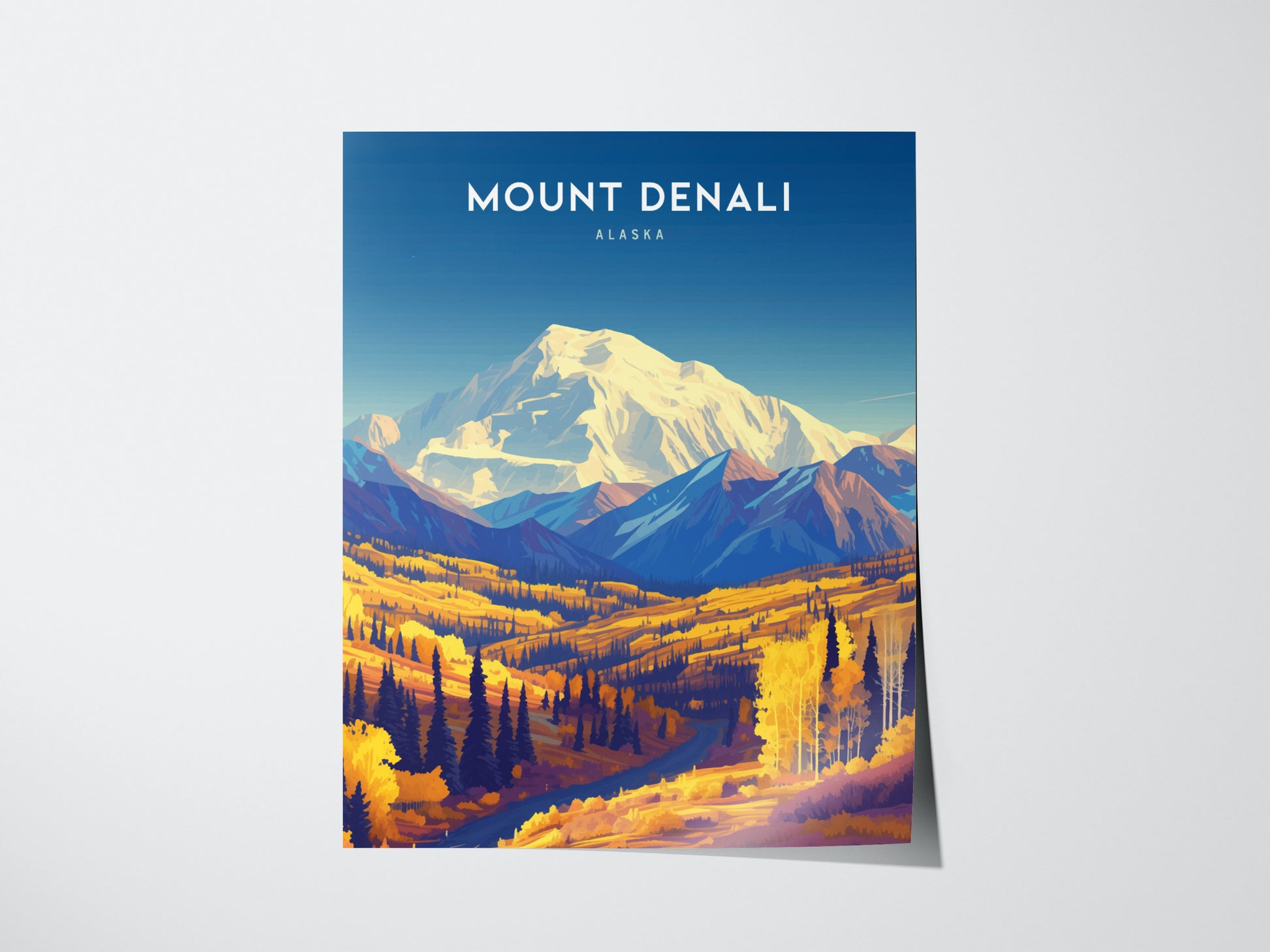 A vibrant poster of Mount Denali showcasing the snowy peak against a clear blue sky, with colorful autumnal trees and rolling hills in the foreground.