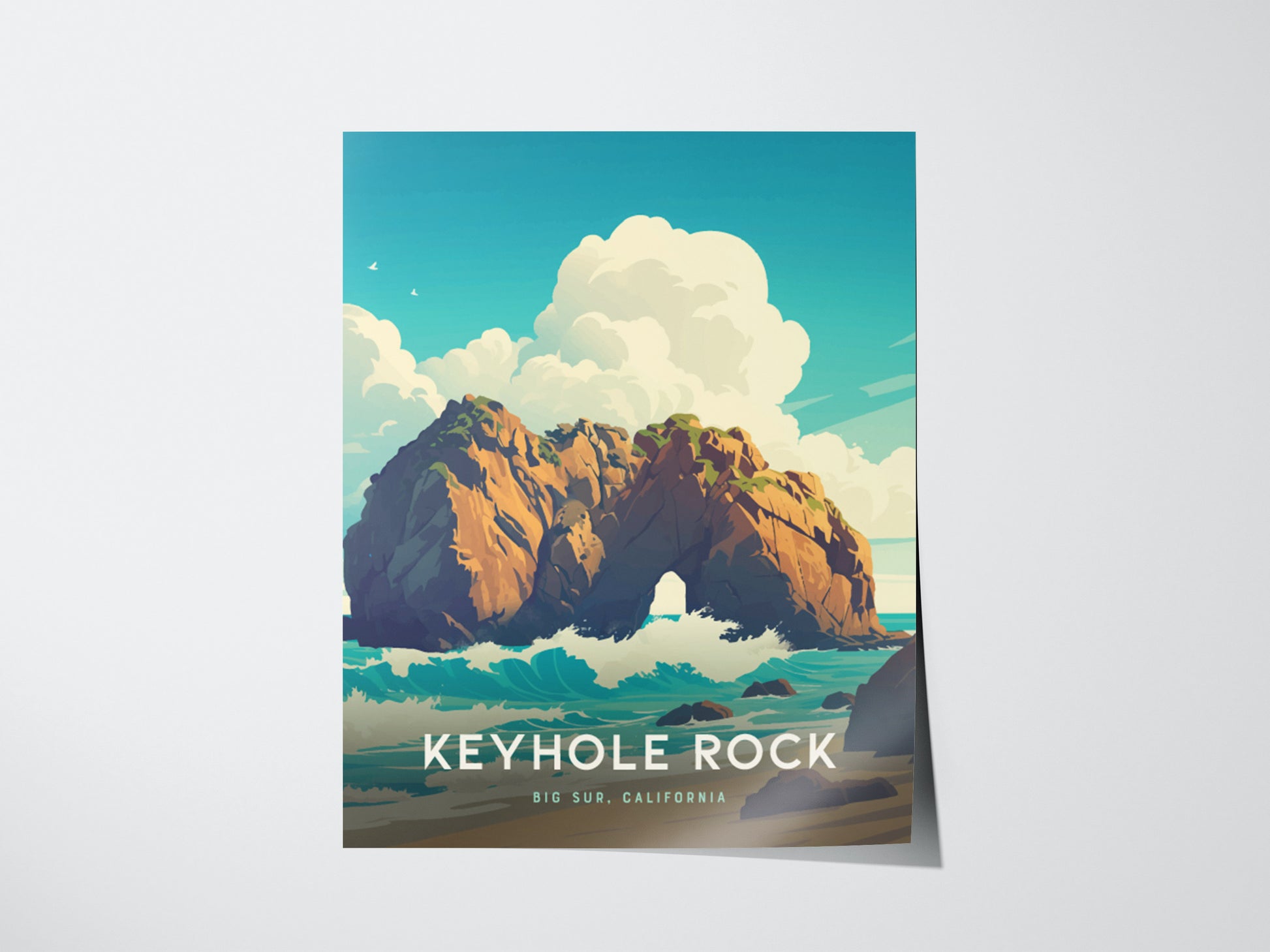 A vibrant poster depicting Keyhole Rock at Big Sur, California, with waves crashing against the rock formation under a bright blue sky with fluffy clouds. The text KEYHOLE ROCK is prominently displayed at the bottom.