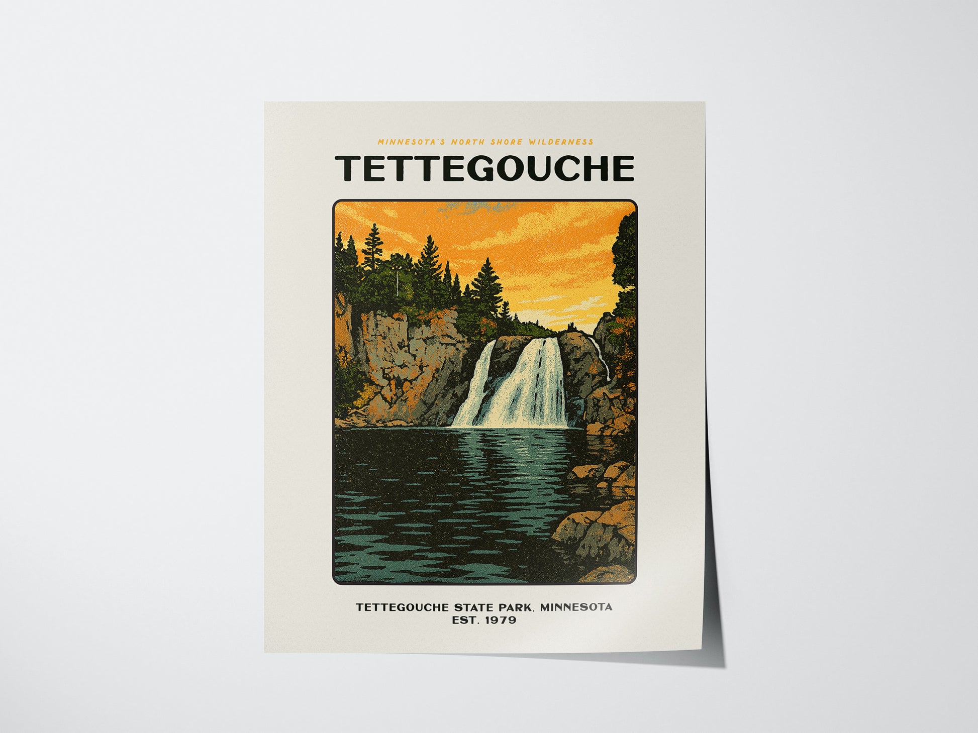 A vintage-style poster of Tettegouche State Park features a waterfall cascading over rocky cliffs surrounded by lush trees, against a vibrant orange sky. The text reads Tettegouche State Park, Minnesota.