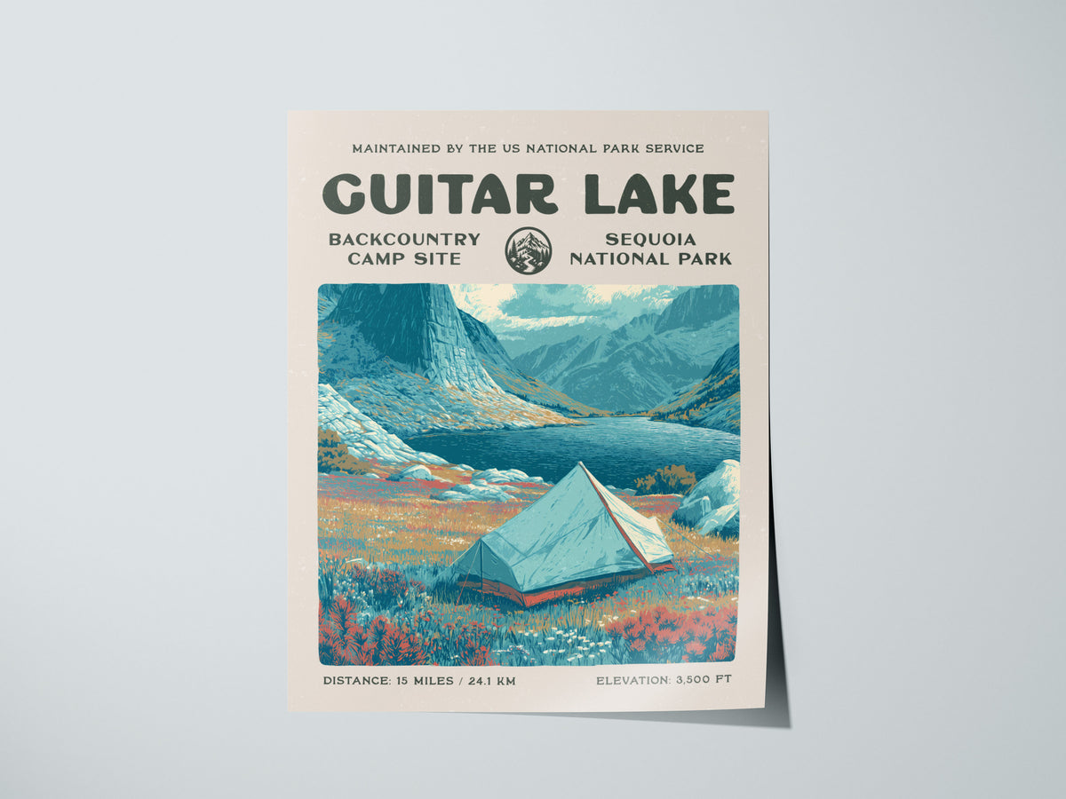Guitar Lake, Sequoia National Park Poster | Hiker Gift | Backcountry Trail Wall Art — giclée print detail on matte paper