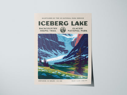 Iceberg Lake, Glacier National Park Poster | Hiker Gift | Backcountry Trail Wall Art — giclée print detail on matte paper