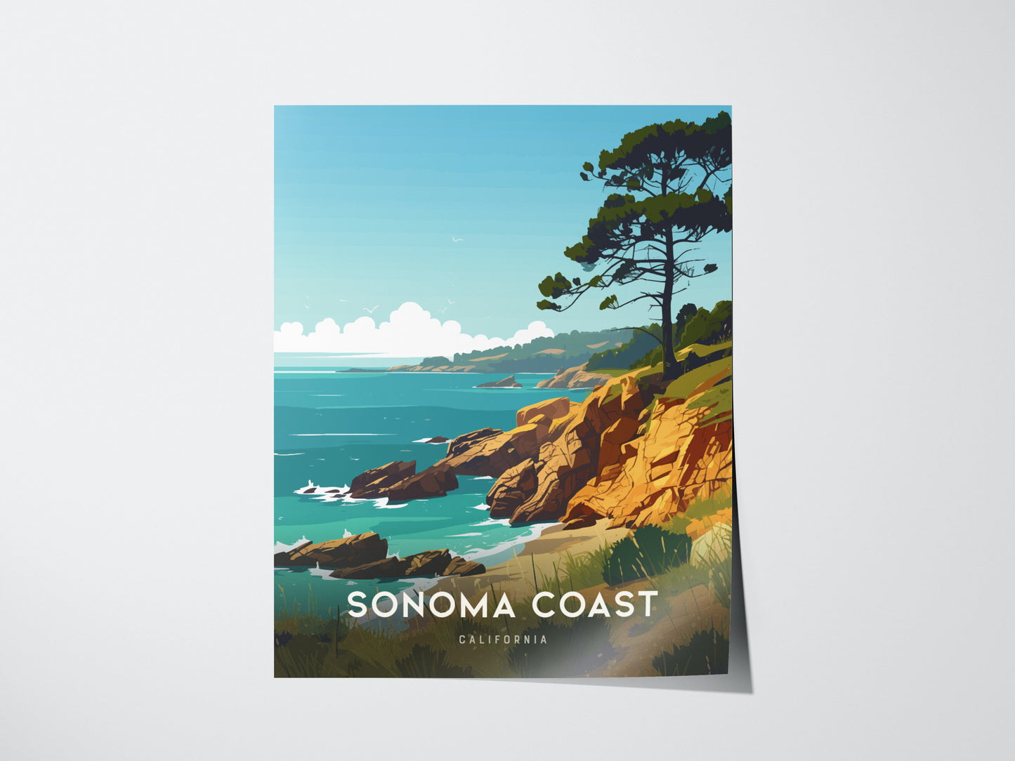 Illustration of the Sonoma Coast with rugged cliffs, a lone tree, and the Pacific Ocean under a clear blue sky. Text reads, Sonoma Coast, California.