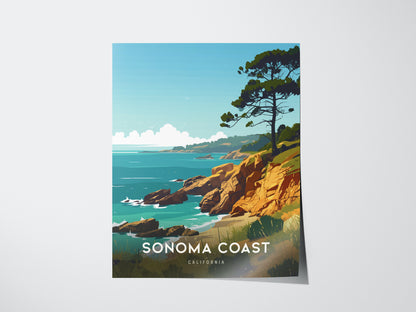 Illustration of the Sonoma Coast with rugged cliffs, a lone tree, and the Pacific Ocean under a clear blue sky. Text reads, Sonoma Coast, California.