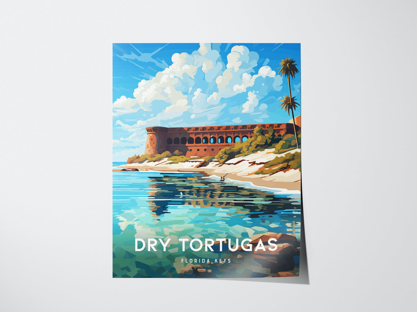 This image shows a vibrant poster of Dry Tortugas with Fort Jefferson surrounded by turquoise waters and palm trees under a bright blue sky.