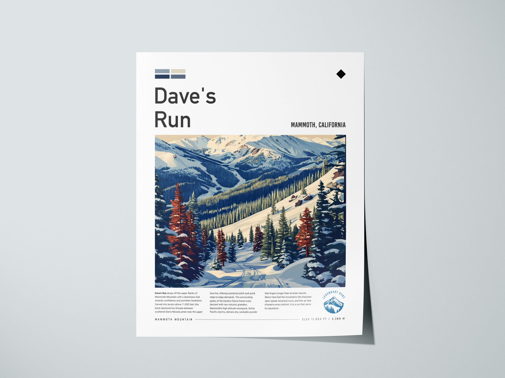 Dave's Run, Mammoth, California Poster | Ski Lodge Decor Mountain Wall Art — giclée print detail on matte paper