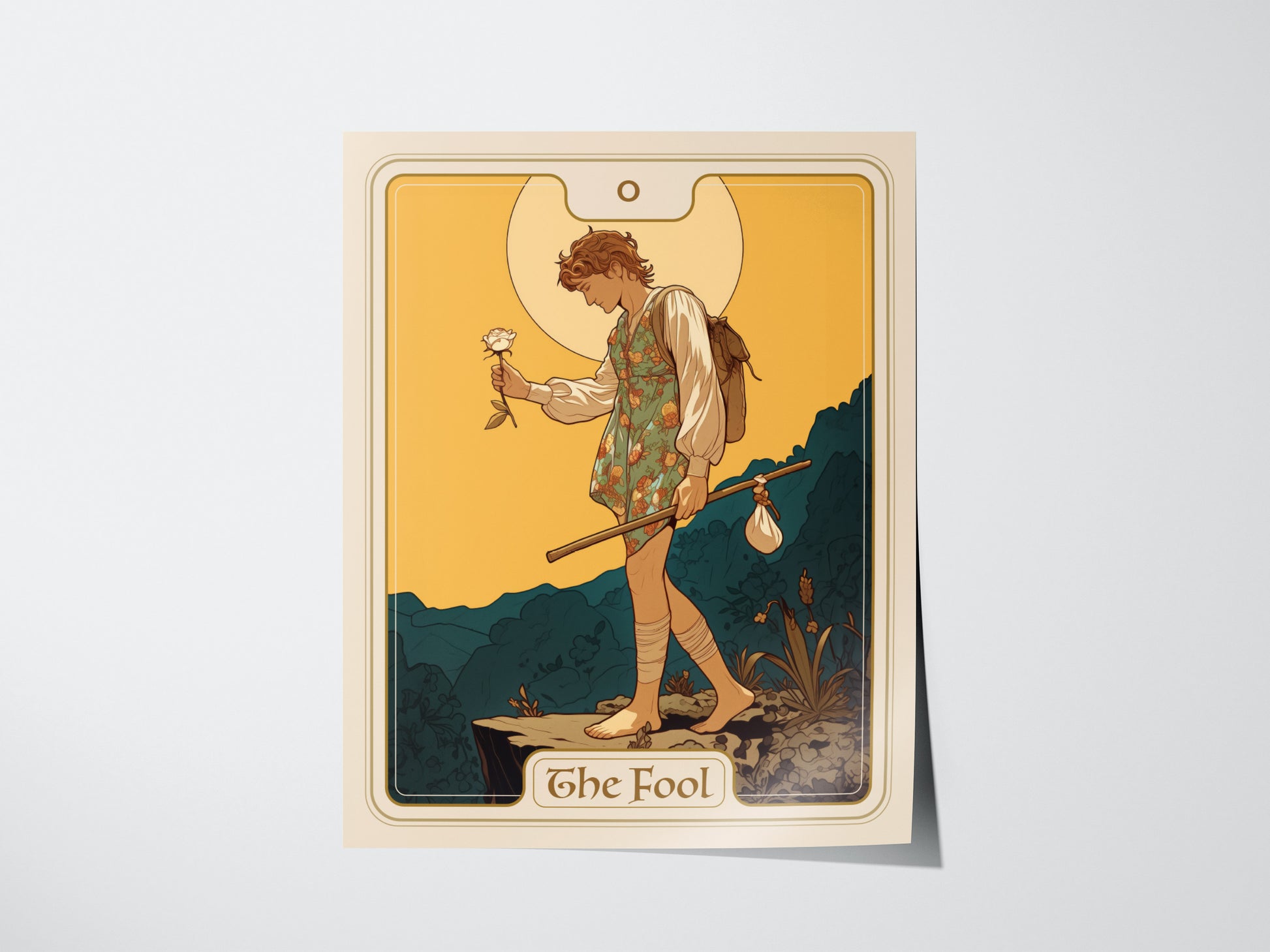 Illustration of The Fool tarot card featuring a carefree wanderer holding a white rose, stepping near a cliffs edge with a pack on a stick.
