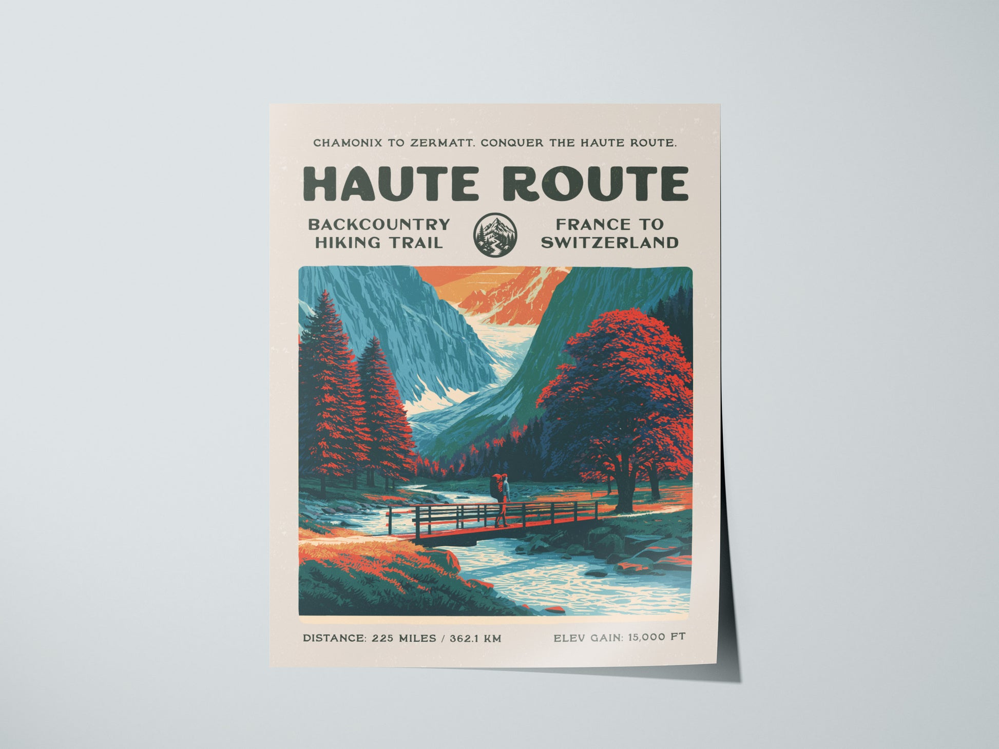 Haute Route, France to Switzerland Poster | Hiker Gift | Alpine Backcountry Trail Wall Art — giclée print detail on matte pap